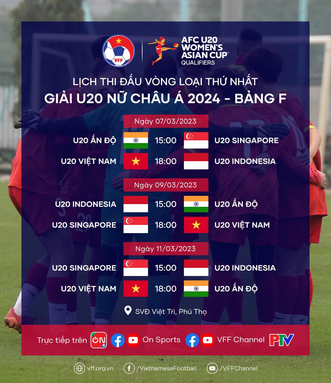 Lịch thi đấu của U20 nữ Việt Nam tại Vòng loại thứ nhất giải U20 nữ