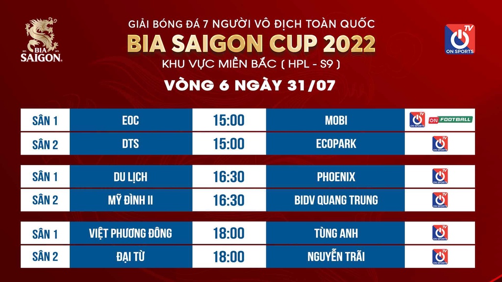 Lịch thi đấu vòng 6 Giải bóng đá 7 người vô địch toàn quốc 2022 khu vực miền Bắc HPL-S9 ngày 31/7