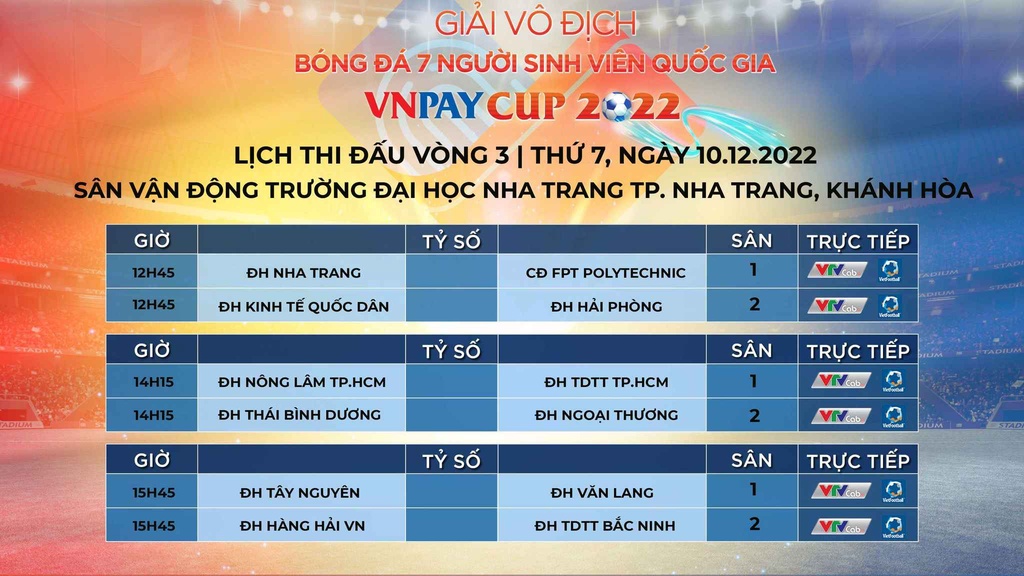 Lịch thi đấu vòng 3 Giải Bóng đá 7 người Sinh viên QG VNPay Cup 2022