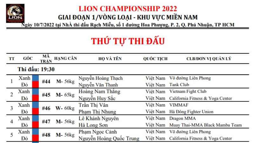 Lịch thi đấu MMA vòng loại miền Nam giải Lion Championship 2022 
