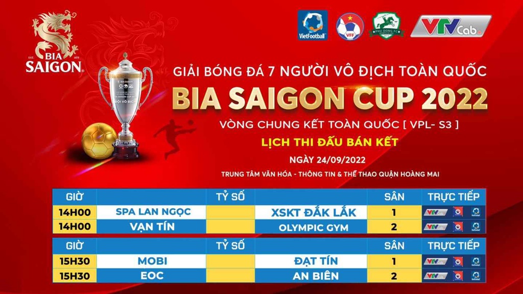 Lịch thi đấu bán kết VCK giải bóng đá 7 người toàn quốc VPL-S3 Cúp Bia SAIGON 2022