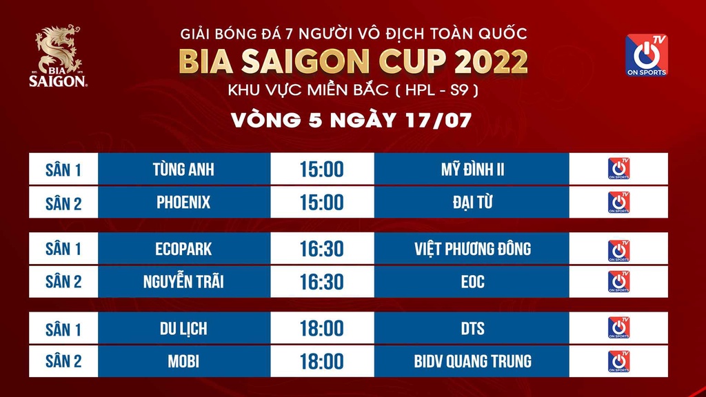 Lịch thi đấu vòng 5 Giải bóng đá 7 người vô địch toàn quốc 2022 khu vực miền Bắc HPL-S9 ngày 17/7