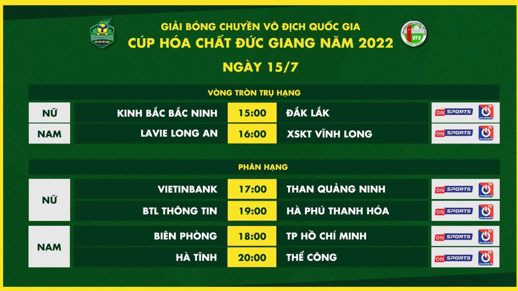 Lịch thi đấu giải bóng chuyền VĐQG cúp Hóa chất Đức Giang 2022 ngày 15/7